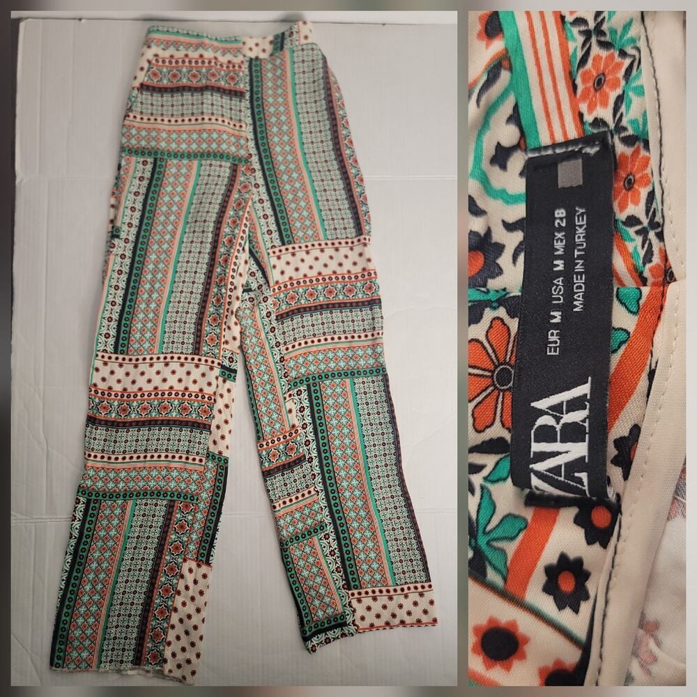 ZARA Boho Trouser Pants Womens SZ M Straight Wide Leg 70's Inspo Bohemian